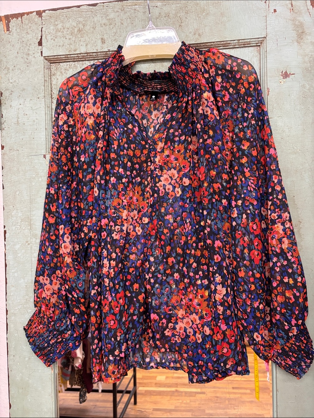 Aqua Floral Long-Sleeve Blouse Multi color